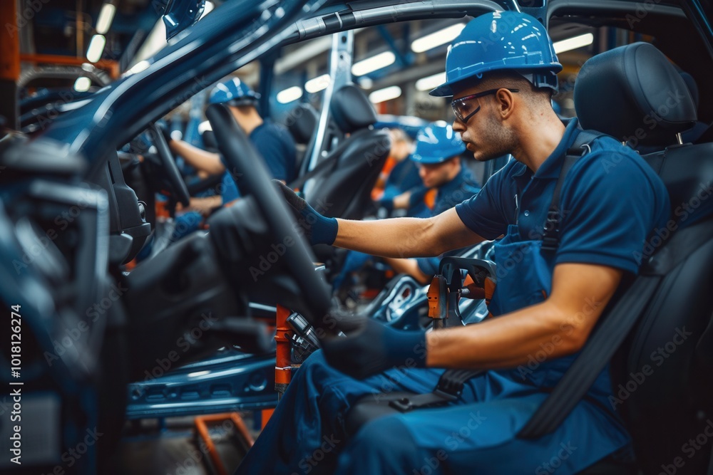 Poster several workers are focused on assembling and checking car interiors on the busy factory floor durin