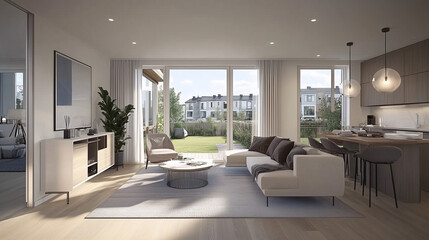 Fototapeta premium Bright Scandinavian living room featuring neutral tones, a minimalist sofa, light wood floors, and greenery by the window