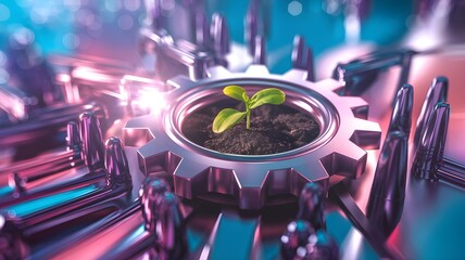 Fototapeta premium A plant growing in a gear symbolizes the fusion of nature and technology for sustainable development.