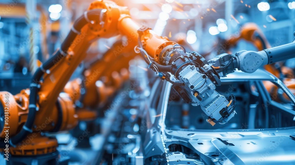 Poster robotic arms are skillfully engaged in assembling precision parts on a car assembly line during a bu