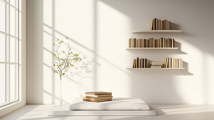 Calming minimalist bedroom featuring a low-profile bed, white walls, and a floating shelf with a small stack of books