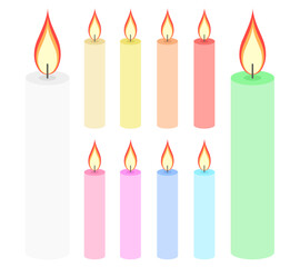Candle collection in white, yellow, orange, red, pink, purple, blue, green colors. Design elements for festival of lights, day of the dead, all saints day, thanksgiving, birthday. Vector illustration.