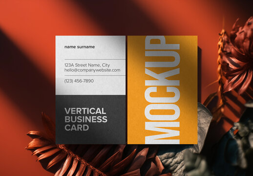 Vertical Business Card Mockup &ndash; Sunlit Composition with Realistic Shadow Overlay