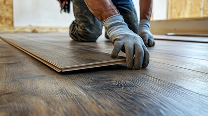 Closeup of a worker installing laminate flooring