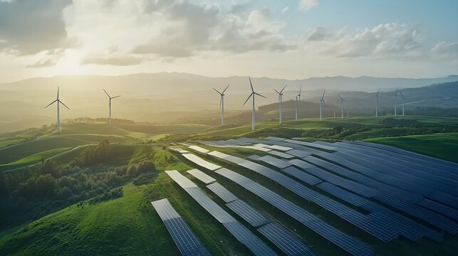 A clean energy landscape featuring solar panels, wind turbines, and green fields, symbolizing decarbonization efforts aligned with carbon neutrality and emissions reduction goals 