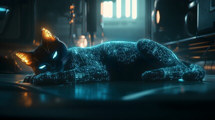 A cybernetic cat with glowing circuitry patterns across its sleek metallic body, lounging comfortably in a modern, minimalist room with futuristic decor and soft lighting, blending technology 