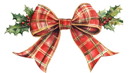 A festive red plaid Christmas bow with holly leaves and berry accents, hand-painted in a watercolor style, isolated on a white background, perfect for holiday decor elements 