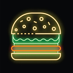 Bright neon sign showing a classic hamburger with lettuce and a patty, glowing on a dark background