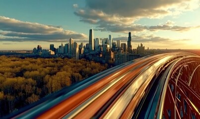 City skyline with traffic speeding across a bridge at sunset.