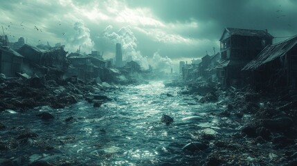 A desolate landscape with a polluted river and abandoned buildings.