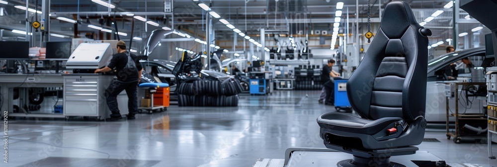 Aufkleber Workers are focused on installing and checking car interiors, ensuring quality on the factory floor during production. Generative AI