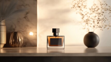 Detailed view of a stylish perfume bottle with a minimalist label, set against a backdrop of sleek, modern decor
