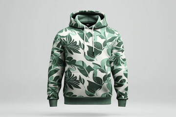 Hooded sweatshirt with a green tropical leaf pattern against a light background. The hoodie has a drawstring and front pocket, with ribbed cuffs and hem.