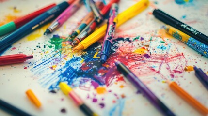 Naklejka premium Detailed view of colorful pens and markers scattered on a sketchbook, with a variety of vibrant colors and artistic tools