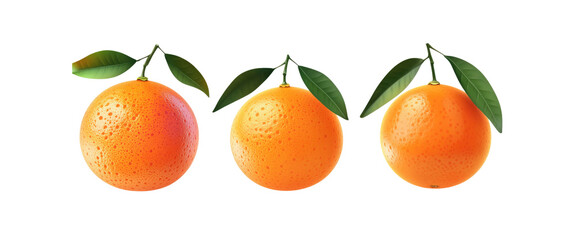 Three Fresh Oranges with Green Leaves on White Background