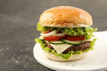 Close Up Homemade Hamburger with Beef Patty on White Ceramic Plate
