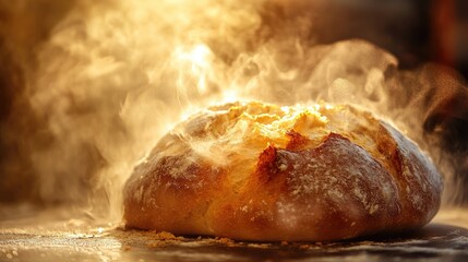 Freshly baked bread coming out of the oven, with steam escaping from the golden crust
