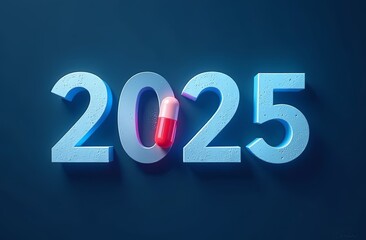 The medicine capsule with the blue number 2025. New year medical concept. Blue background