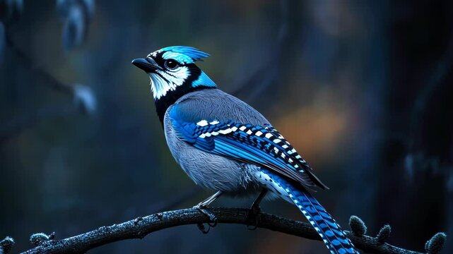 A vibrant blue jay perched on a branch in a dimly lit environment.