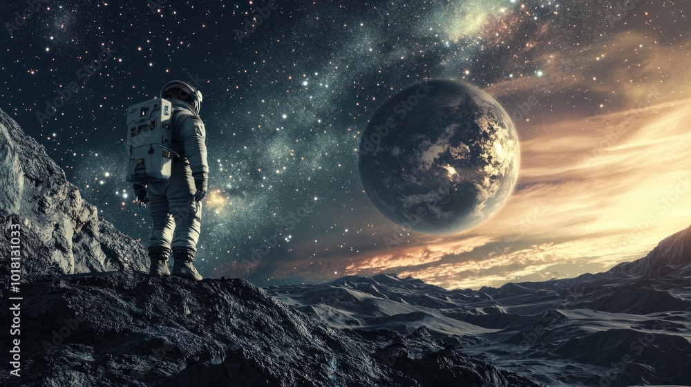 Poster astronomy reflected in a futuristic scene, with astronauts exploring a distant planet under a vast, 