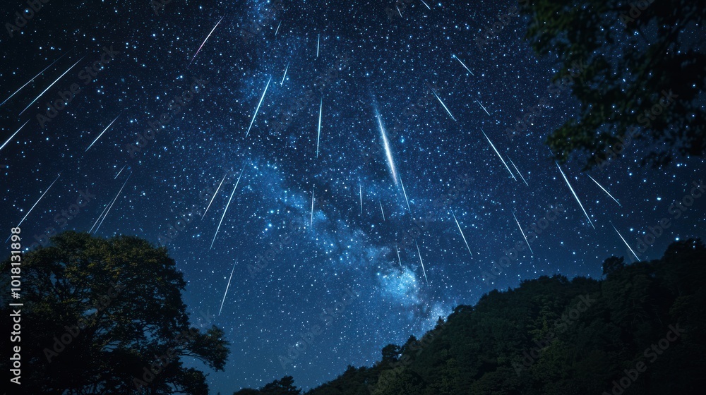 Poster conceptual image depicting an astounding moment in nature like a meteor shower illuminating a starry
