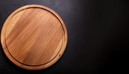 Top view on empty wooden round cutting board on black background with copy space. Restaurant menu or recipe mockup.