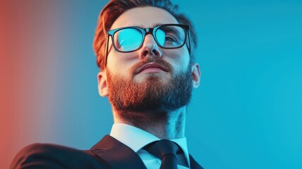 Obraz premium Confident businessman with glasses, showcasing a modern, stylish look in a vibrant, creative lighting setup.