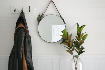 Abstract white background, hanging mirror, coat rack, vase with plant in modern entrance hall interior.