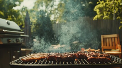 Smoke drifting lazily from a barbecue grill, with juicy meats sizzling in the background of a summer cookout.