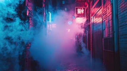 Obraz premium Smoke filling a dark alley in a gritty urban setting, with neon lights from nearby signs reflecting off the misty air, evoking a noir film atmosphere.