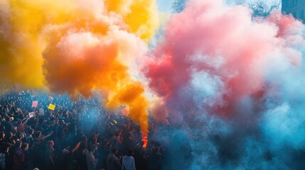 Fototapeta premium Smoke from a flare spreading through a dense crowd during a protest, with the vibrant colors of the smoke contrasting against the determined faces of the demonstrators.