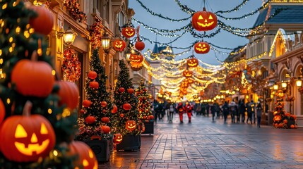 Spooky Halloween Street Decor with Pumpkins and Lights
