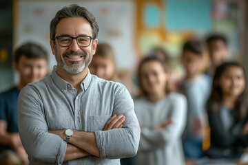 Smiling male teacher confidently leading diverse classroom of young students, arms crossed
