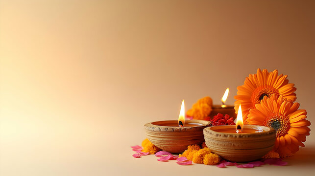 Decorative oil lamps surrounded by flowers for festive ambiance.