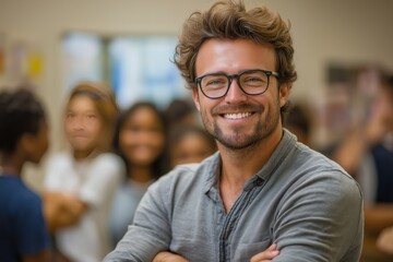 Confident teacher smiling with arms crossed in front of classroom of young students