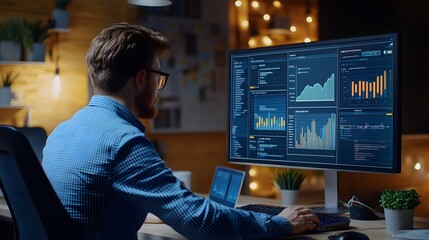 Analyst working with Business, Concept digital transformation technology strategy, Analytics and Data Management System on computer, make a report with KPI and metrics connected to database.