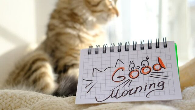 Text Good Morning on paper, notepad. Motivation. Love. Atmospheric mood. Cute kitten	