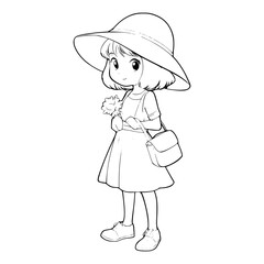 Girl in a hat illustration coloring page - coloring book for kids