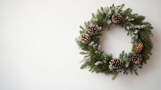 Pine cone and evergreen wreath on light rustic background