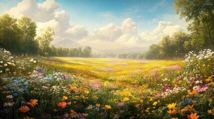 Fototapeta premium Wide view of a lush wildflower meadow with a mix of bright, blooming flowers and a gentle breeze