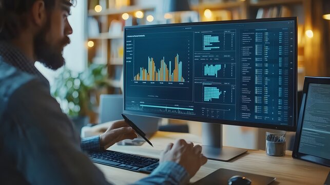 Analyst working with Business, Concept digital transformation technology strategy, Analytics and Data Management System on computer, make a report with KPI and metrics connected to database.