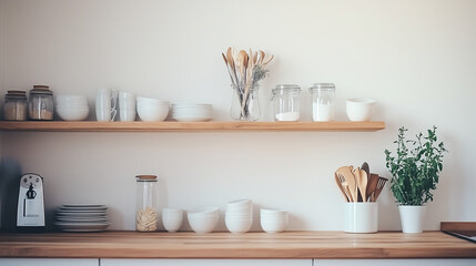 Contemporary minimalist kitchen featuring open shelves with neatly arranged kitchenware, a sleek backsplash, and wooden countertops