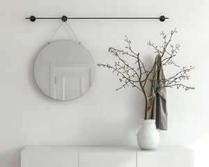Abstract white background, modern entrance hall interior, hanging mirror, coat rack, tree in vase.