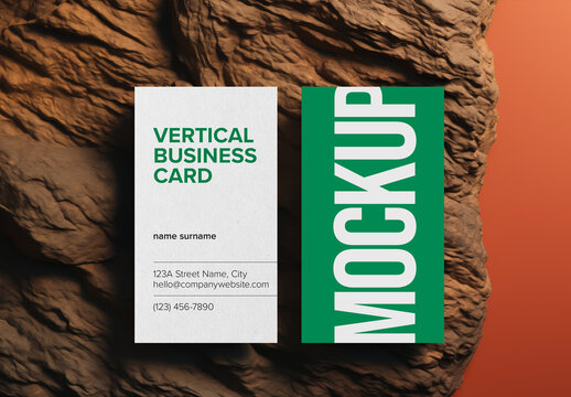 Vertical Business Card Mockup &ndash; Dual View Presentation on Natural Stone Background for Professional Branding Display