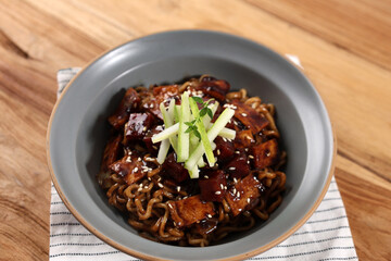 Korean Instant Noodle with Black Bean Sauce Topped Cucumber