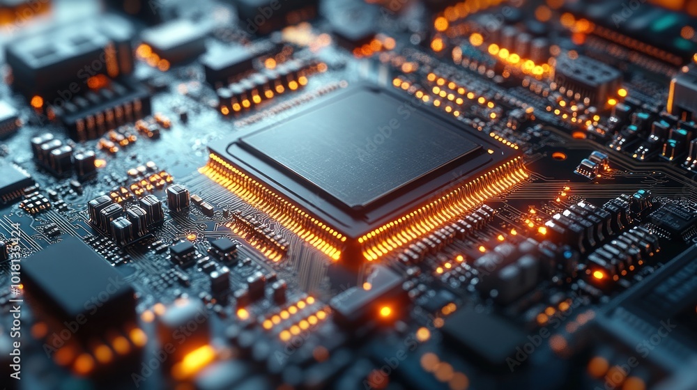 Aufkleber close-up of a circuit board with glowing components and a chip.