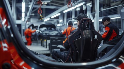 Fototapeta premium Workers diligently install and inspect car interiors on the busy factory floor while ensuring quality standards are met. Generative AI