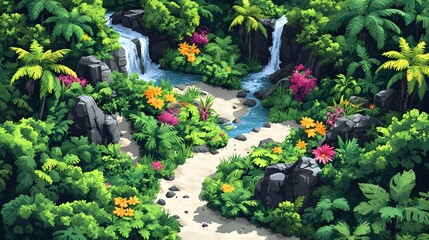 Lush Tropical Rainforest Landscape with Cascading Waterfall and Vibrant Foliage