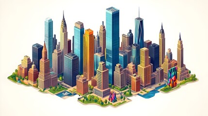 Vibrant Isometric Cityscape with Towering Skyscrapers and Geometric Public Art