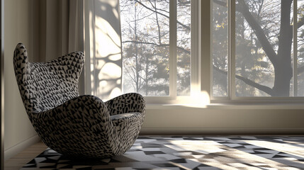 Fototapeta premium Cozy minimalist living room with a unique armchair, textured geometric rug, and sunlight pouring through large windows
